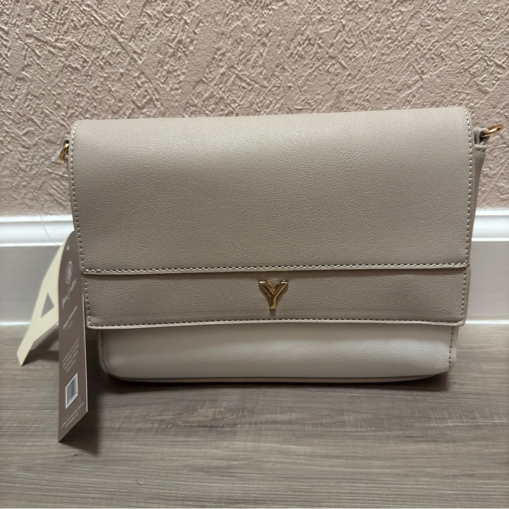 Yani L'adore Beige Crossbody Bag with Flap Closure and Metallic Detail